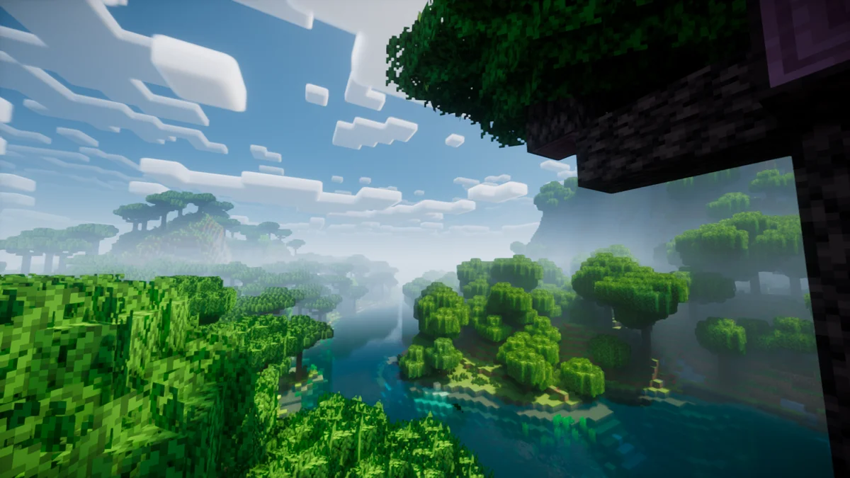 Dense modded tree canopies in the developer's Better Leaves and Biomes O' Plenty screenshot