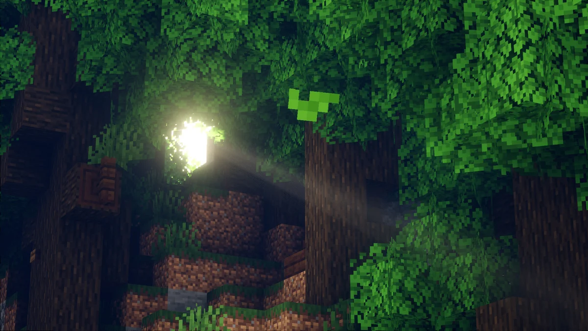 Bushy dark oak foliage around a woodland build in the developer's Better Leaves screenshot