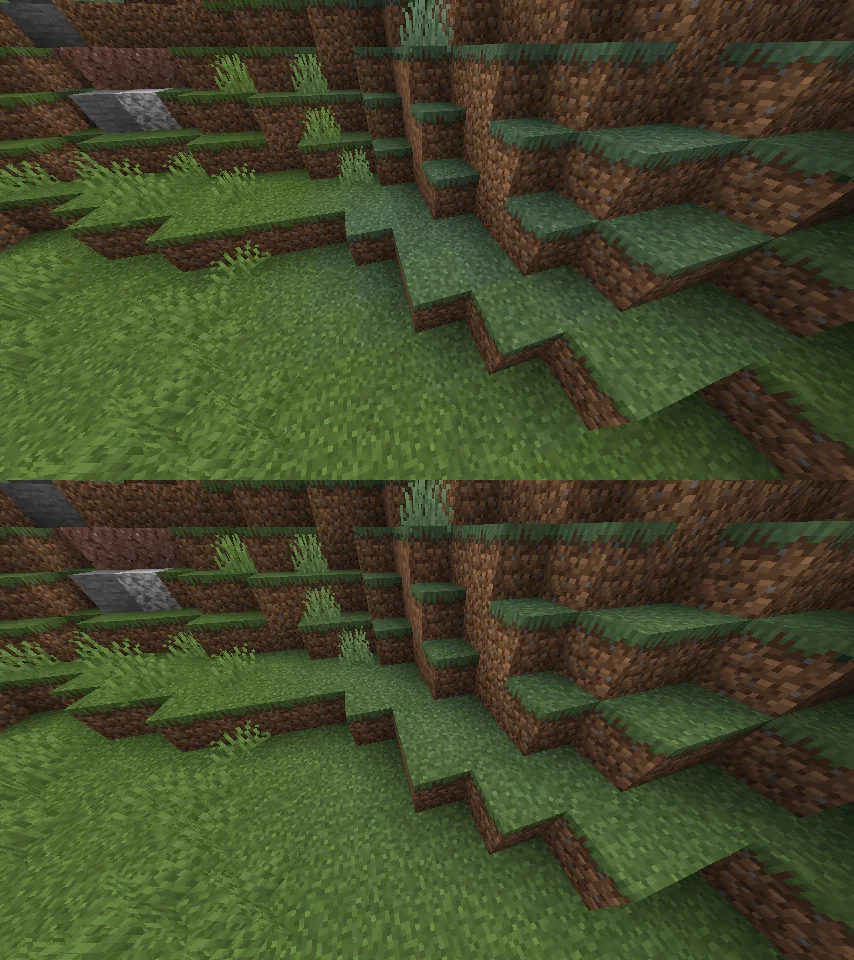 Developer comparison showing smoother grass color transitions between biomes