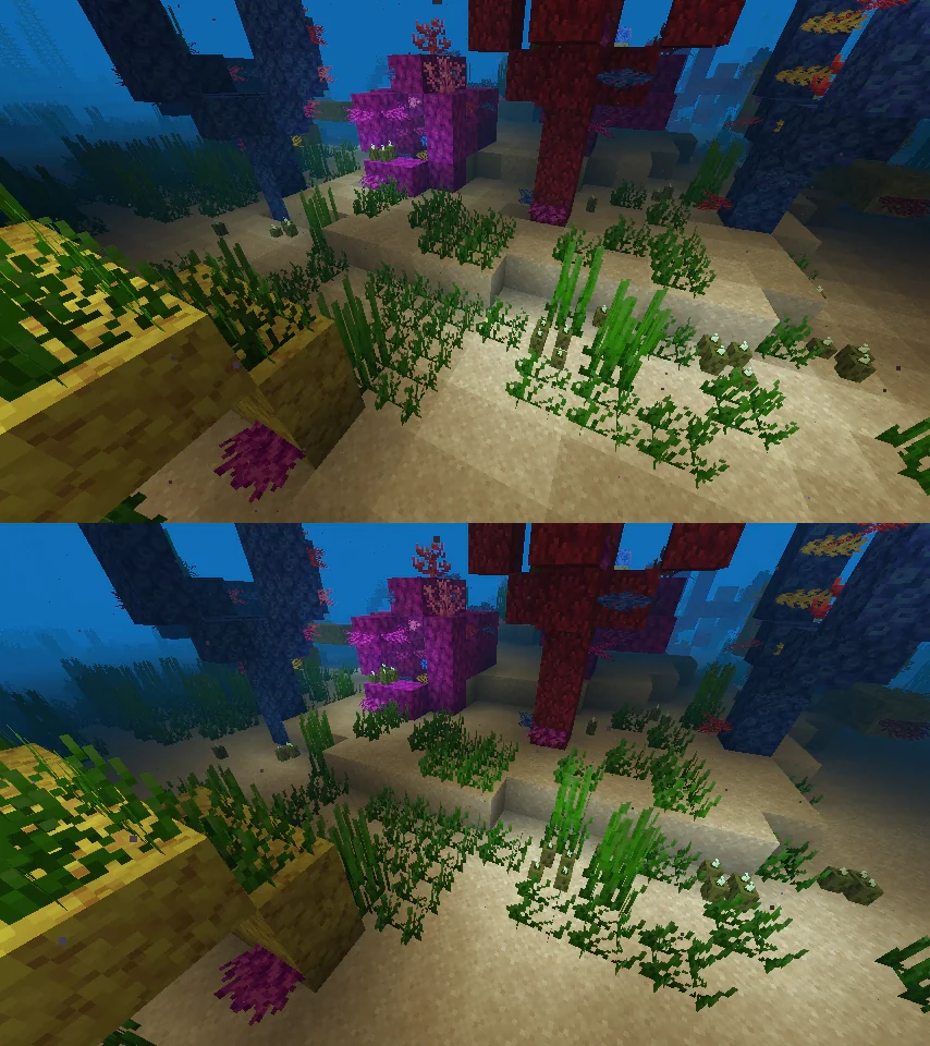 Developer comparison of lighting across an underwater coral scene