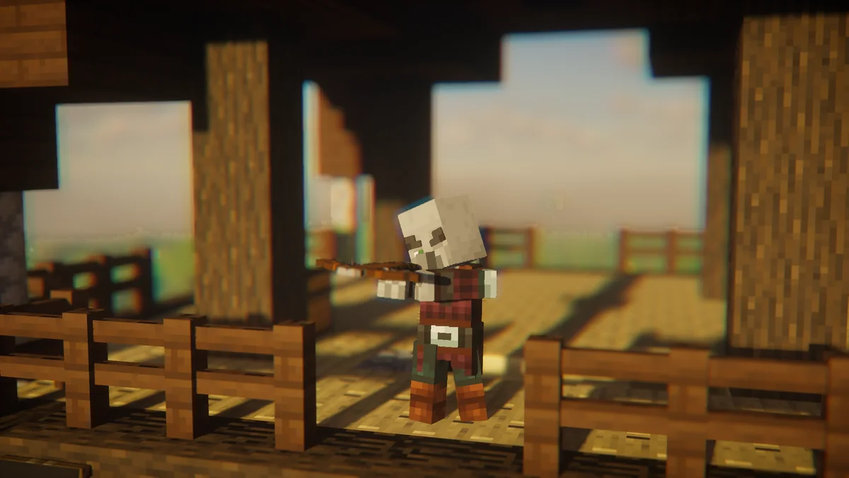 Pillager holding a crossbow beside an outpost in the EMF creator's Fresh Animations showcase