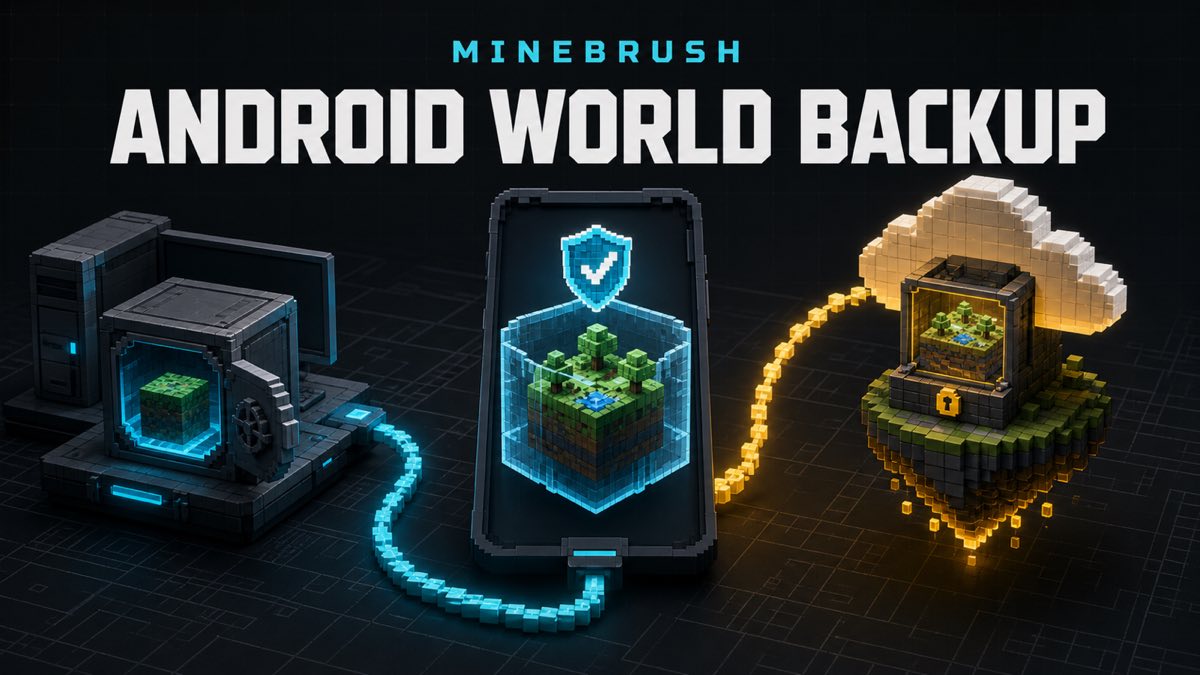 AI-generated MineBrush editorial illustration of an Android Bedrock world protected between desktop-copy and cloud-transfer backup routes.