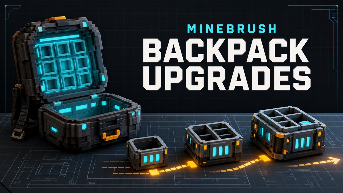 AI-generated MineBrush editorial illustration of a modular voxel backpack and a three-step upgrade progression.