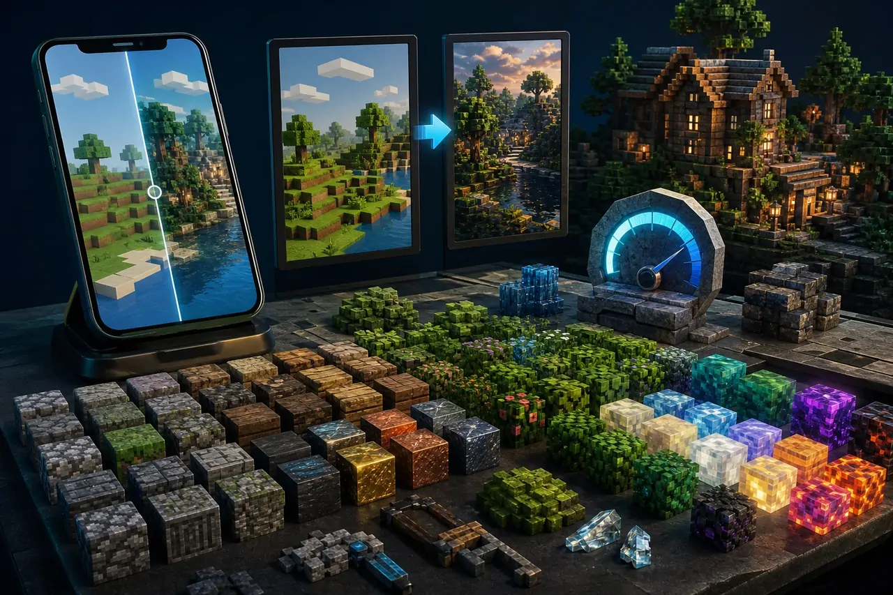 A mobile texture pack studio with voxel material swatches and world samples