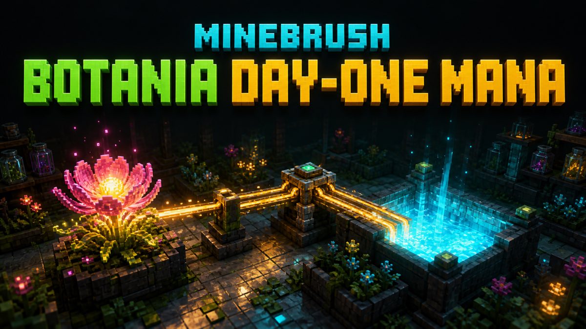 MineBrush branded voxel illustration of a glowing flower, mana spreader, and mana pool for a Botania day-one setup