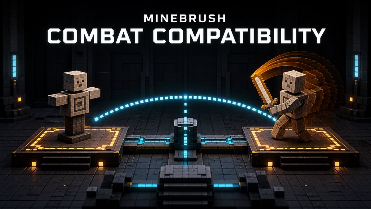 AI-generated MineBrush editorial illustration of a controlled voxel combat range and animation compatibility test.
