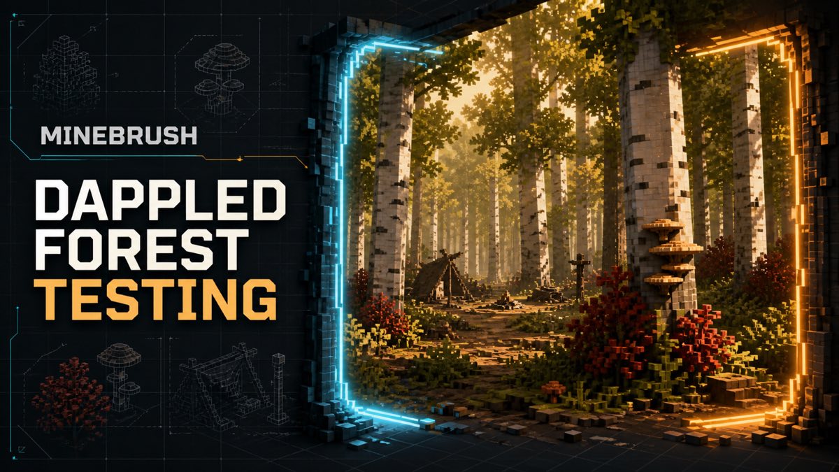 AI-generated MineBrush editorial illustration of dappled forest testing with pale trunks, red shrubs, shelf mushrooms, and an abandoned campsite.