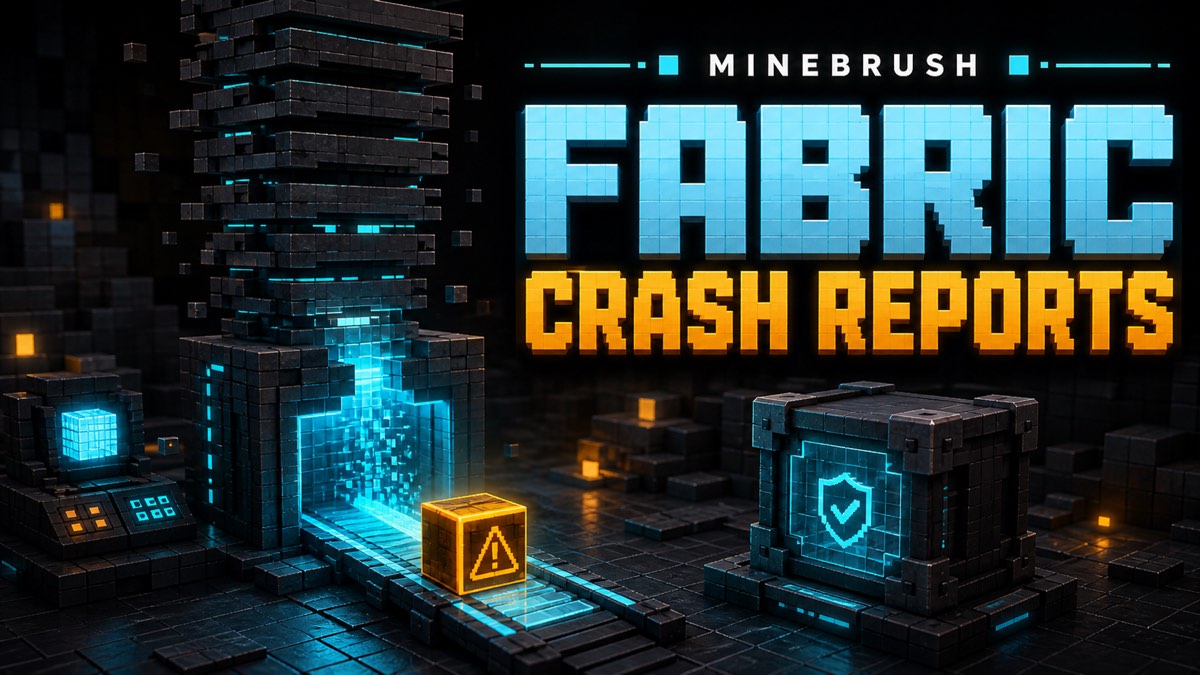 AI-generated MineBrush editorial illustration for Fabric Crash Reports, showing a voxel crash stack routed into a verified report terminal