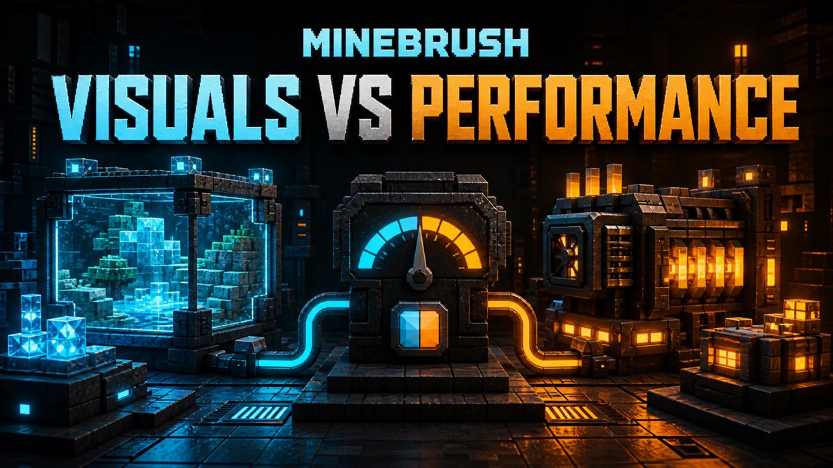 AI-generated MineBrush editorial illustration for Visuals vs Performance, showing a cyan visuals chamber and amber performance engine around a preset selector