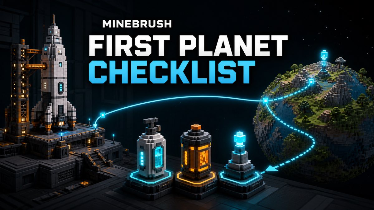 AI-generated MineBrush editorial illustration of a voxel planet mission with oxygen, fuel, beacon, and return route.