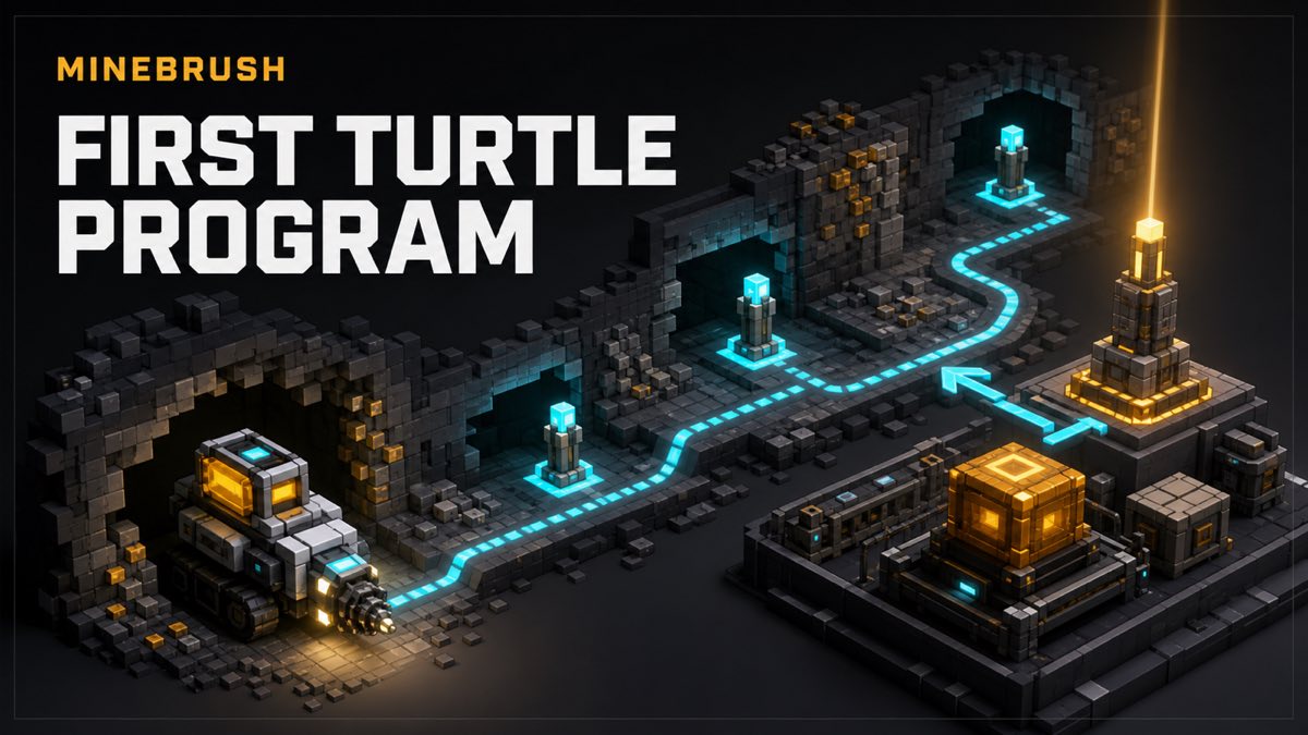 AI-generated MineBrush editorial illustration of a programmable voxel mining robot following a safe checkpoint and return route.