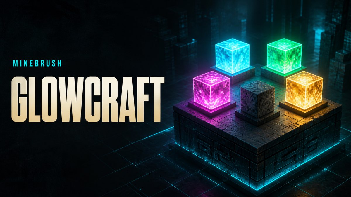 AI-generated MineBrush editorial illustration for GlowCraft, showing four luminous voxel materials and one unlit comparison cube on a dark test pedestal.