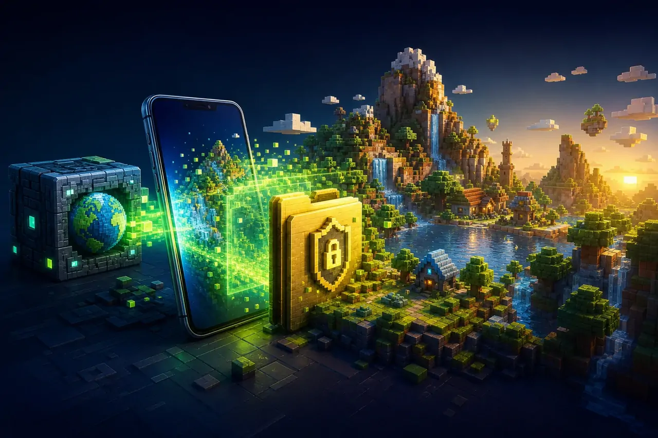 A mobile phone projecting an imported voxel world from a world package