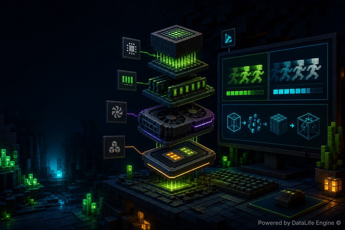 Original MineBrush illustration of a Java Edition PC hardware diagnostics workstation