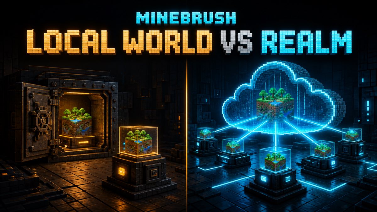 MineBrush branded voxel illustration comparing a local world vault with a cloud Realm for Bedrock map hosting