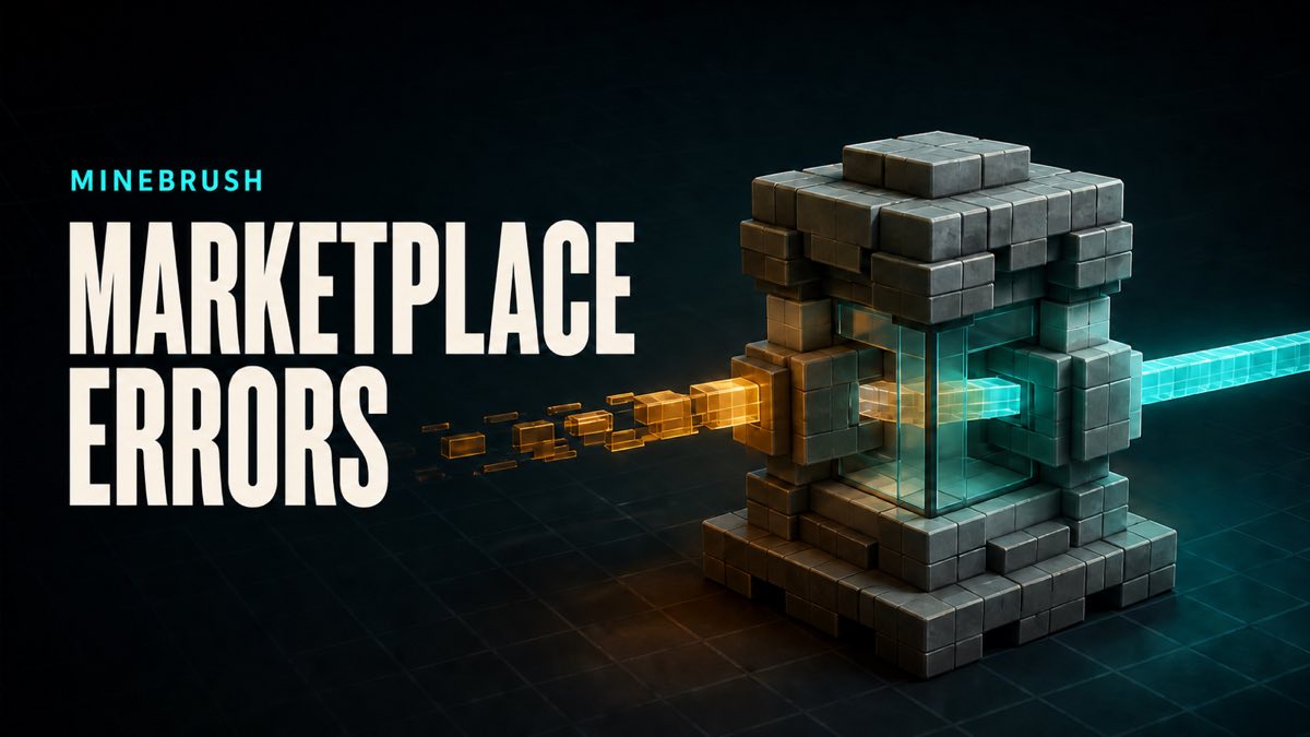 AI-generated MineBrush editorial illustration for Marketplace errors, showing a plain voxel relay converting a broken amber signal into a continuous cyan signal.