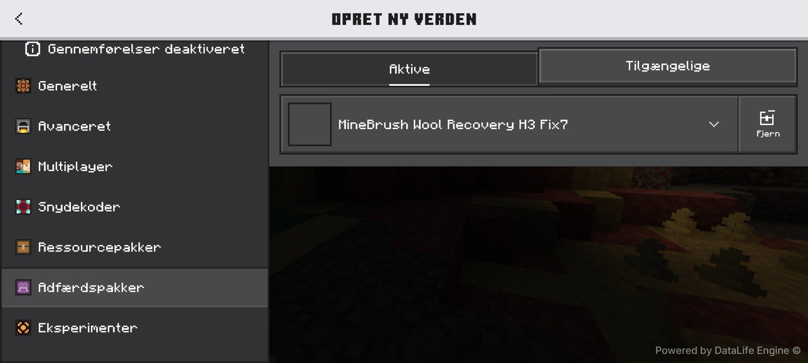 MineBrush Wool Recovery Fix7 shown as the active Bedrock behavior pack