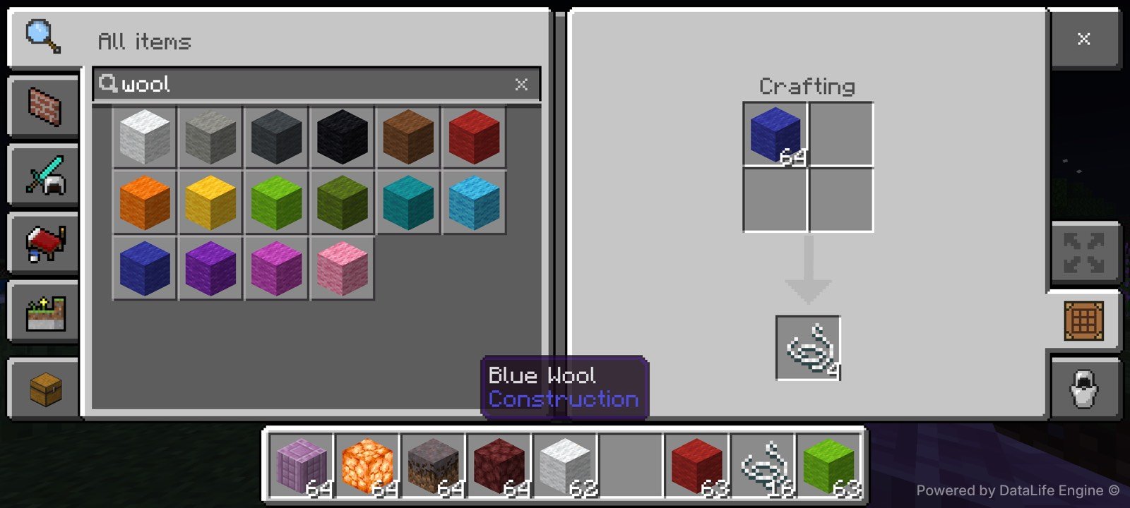 Corrected blue wool H3 test before crafting with Blue Wool tooltip and stack 64