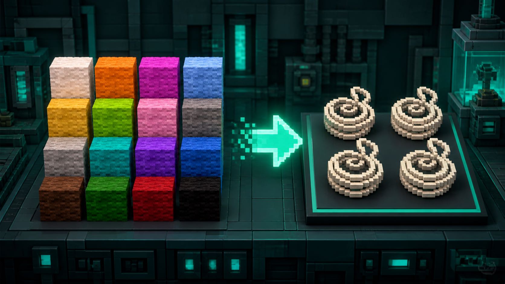 Illustrative MineBrush cover showing all 16 wool colors converting into four string coils