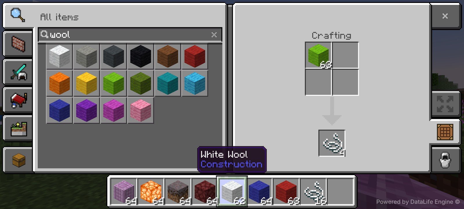 Lime wool H3 test after crafting with 63 lime wool and cumulative string sixteen