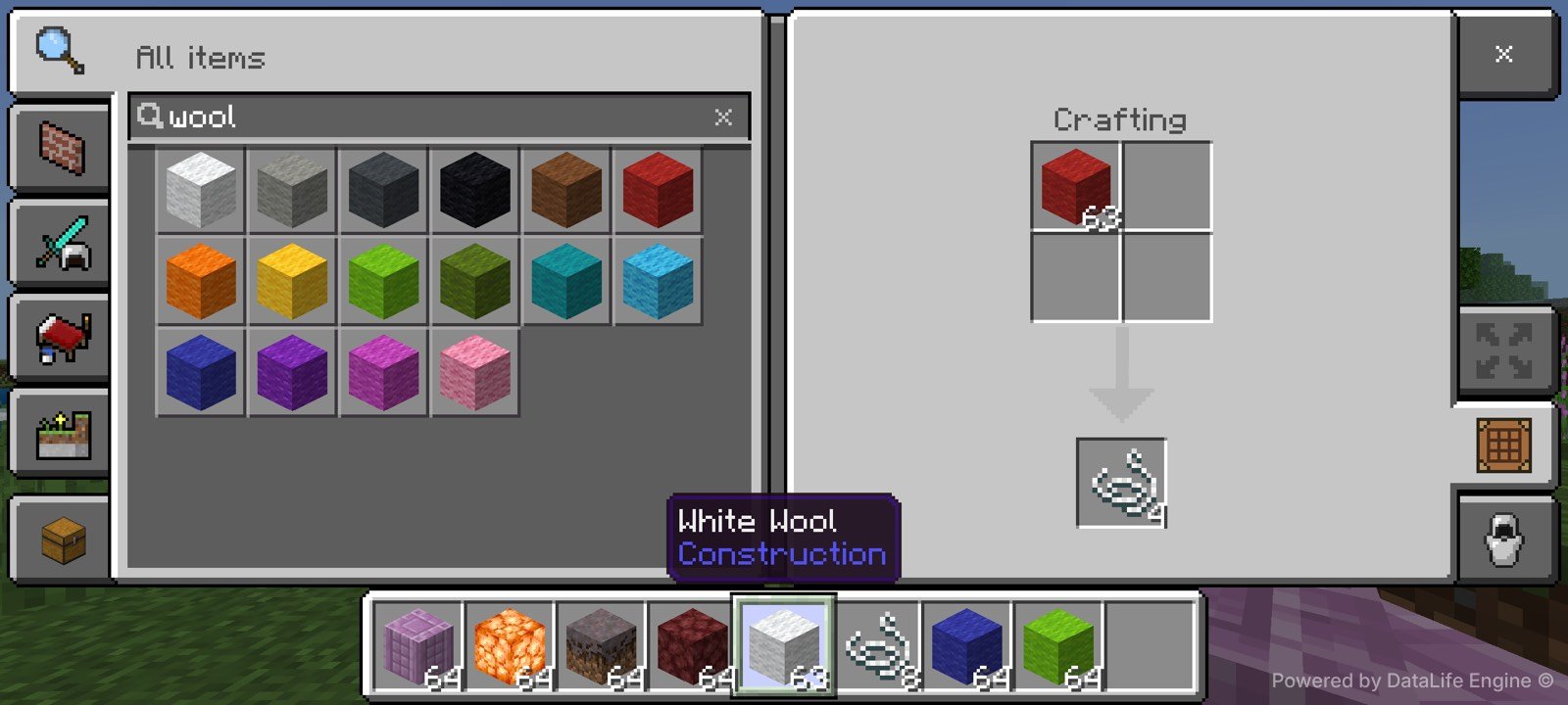 Red wool H3 test after crafting with 63 red wool and cumulative string eight