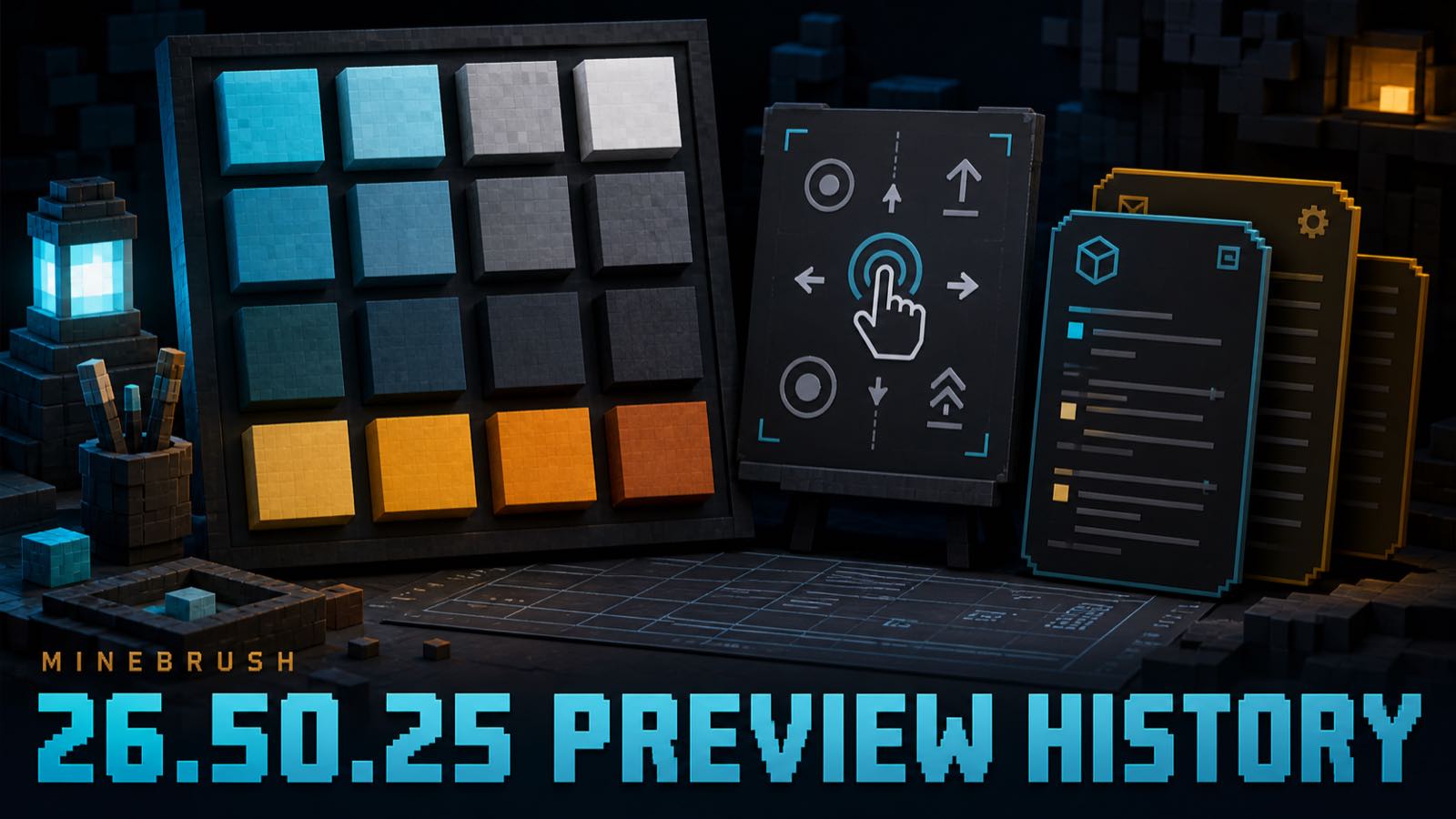 AI-generated MineBrush archive illustration for Minecraft Bedrock Preview 26.50.25, showing material swatches, touch controls and pack settings.