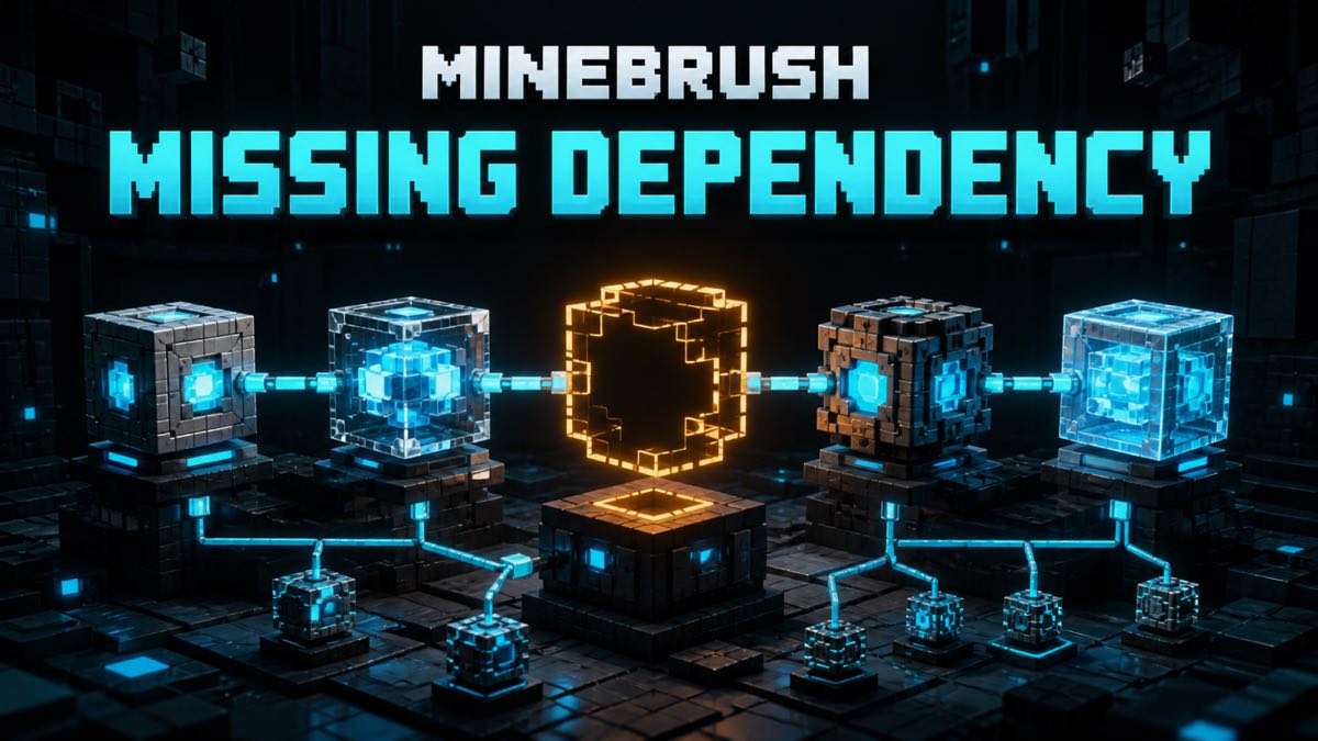 AI-generated MineBrush editorial illustration of an exact voxel dependency chain with one missing module highlighted in amber.