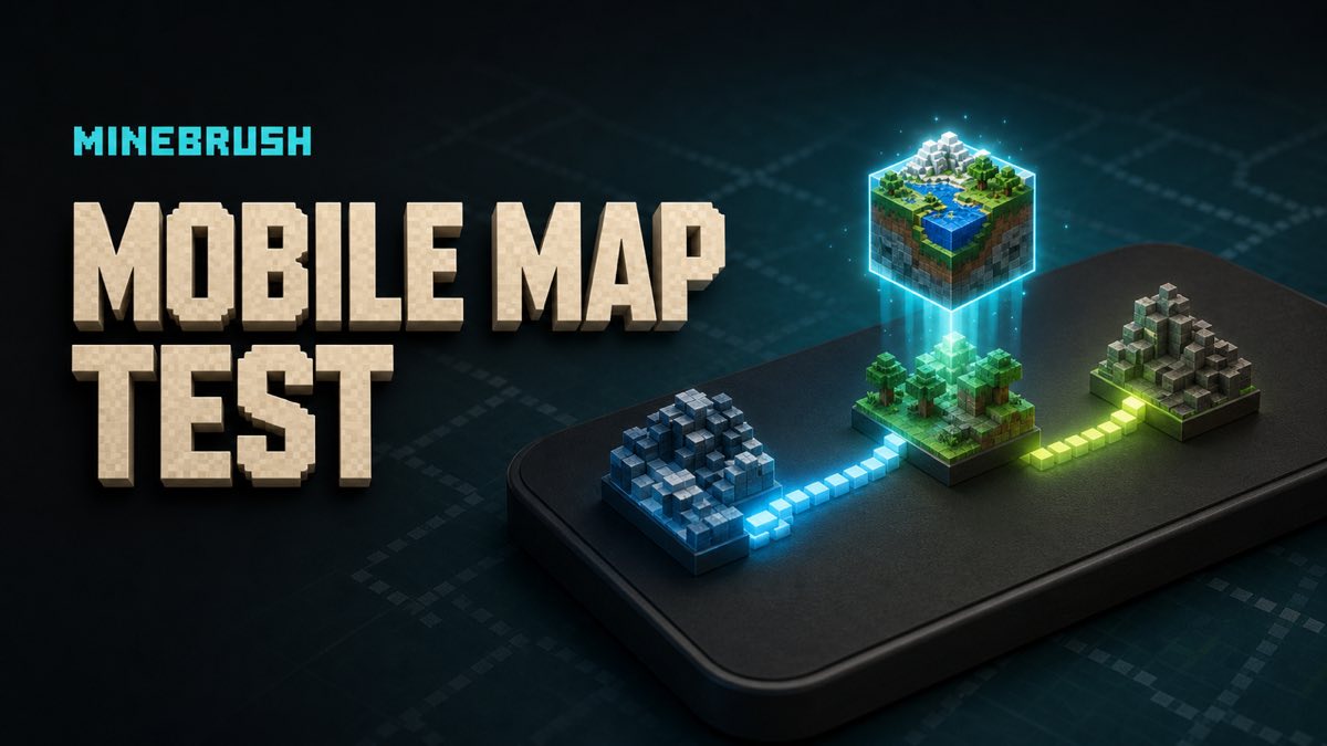 AI-generated MineBrush editorial illustration for mobile map testing, showing a world cube moving through three physical checkpoints on an unbranded phone-shaped slab.