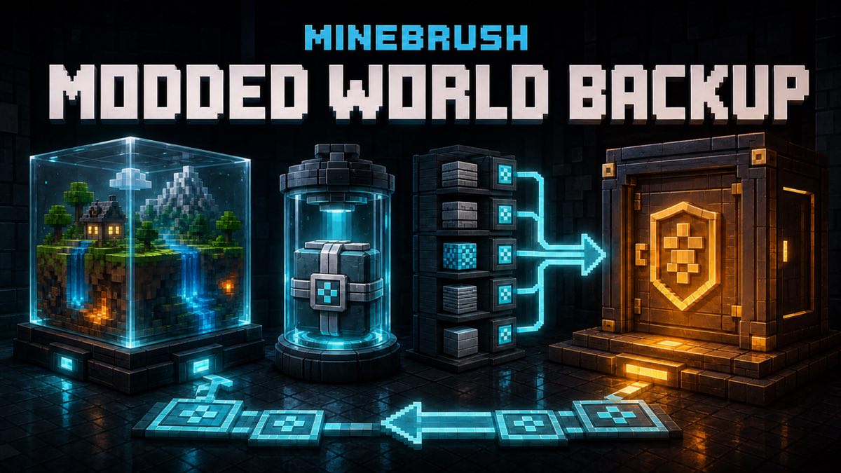 AI-generated MineBrush editorial illustration of a voxel world, archive capsule, profile modules, and protected recovery vault.