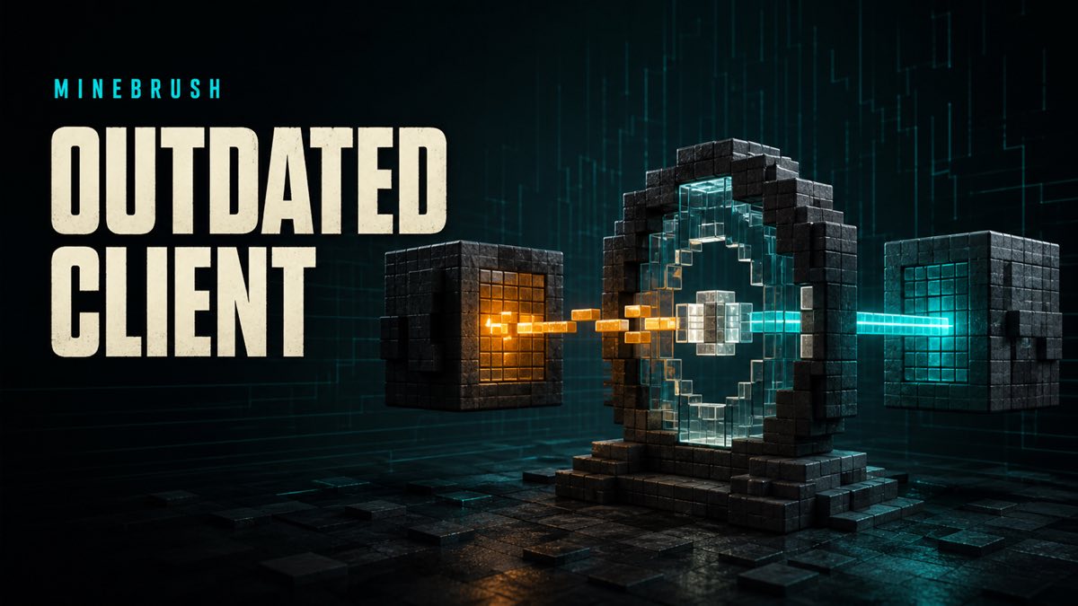 AI-generated MineBrush editorial illustration for an outdated-client version mismatch, showing two unmarked voxel clients aligning through a synchronization gate.