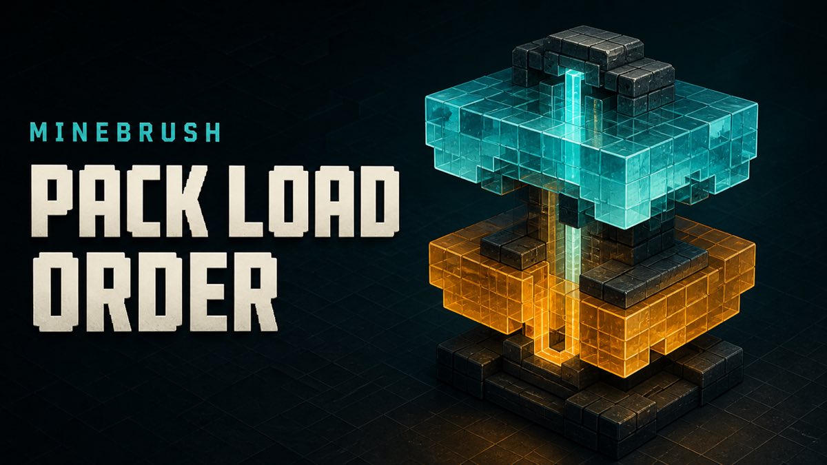 AI-generated MineBrush editorial illustration for Bedrock pack load order, showing cyan and amber voxel layers exchanging priority in a physical routing mechanism.