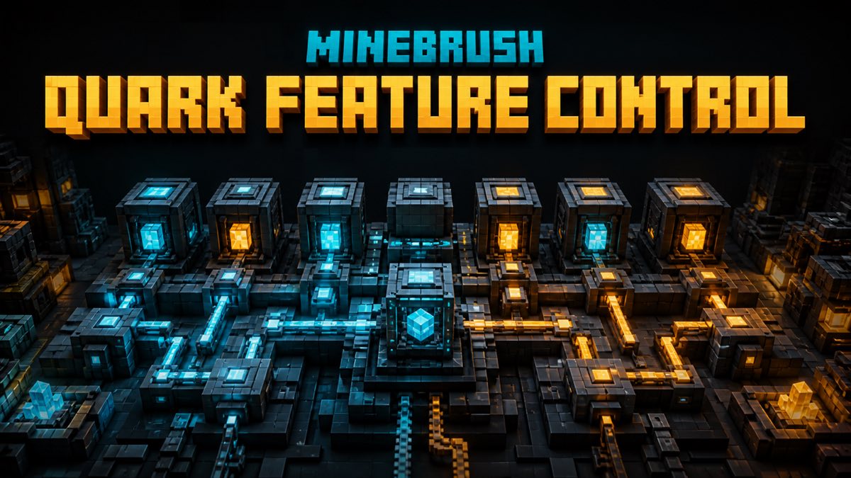 MineBrush branded voxel illustration of a configuration console with cyan and amber feature modules for Quark feature control