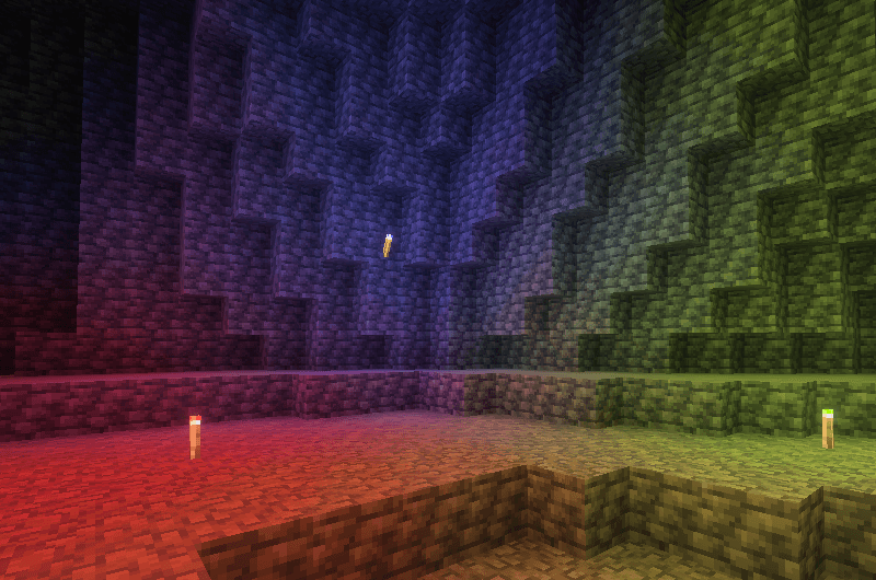 Blue and purple dynamic lights illuminating a cave in Raiyon Dynamic Lightning
