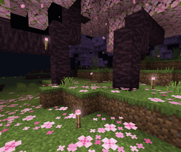 Colored torch lighting in a cherry grove shown by the Raiyon Dynamic Lightning creator