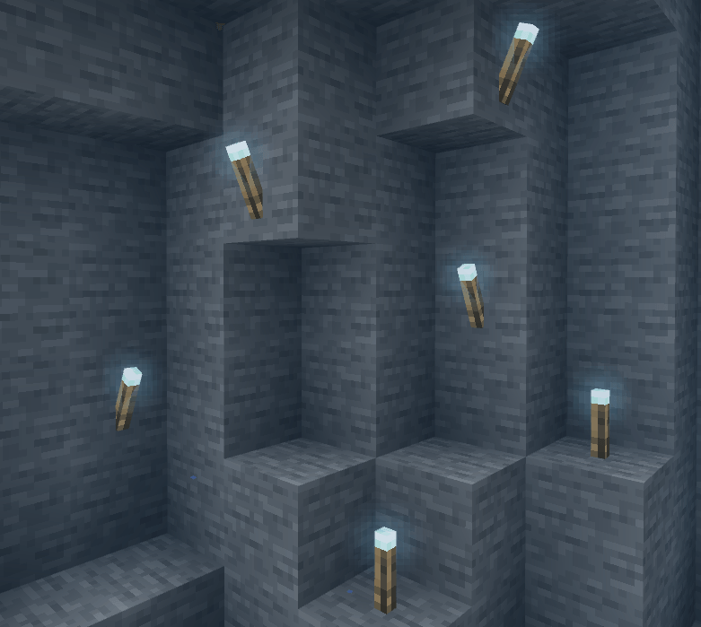 Blue torch lights placed in a stone room with Raiyon Dynamic Lightning