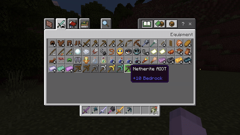 Custom combat item values shown in a Minecraft Bedrock inventory