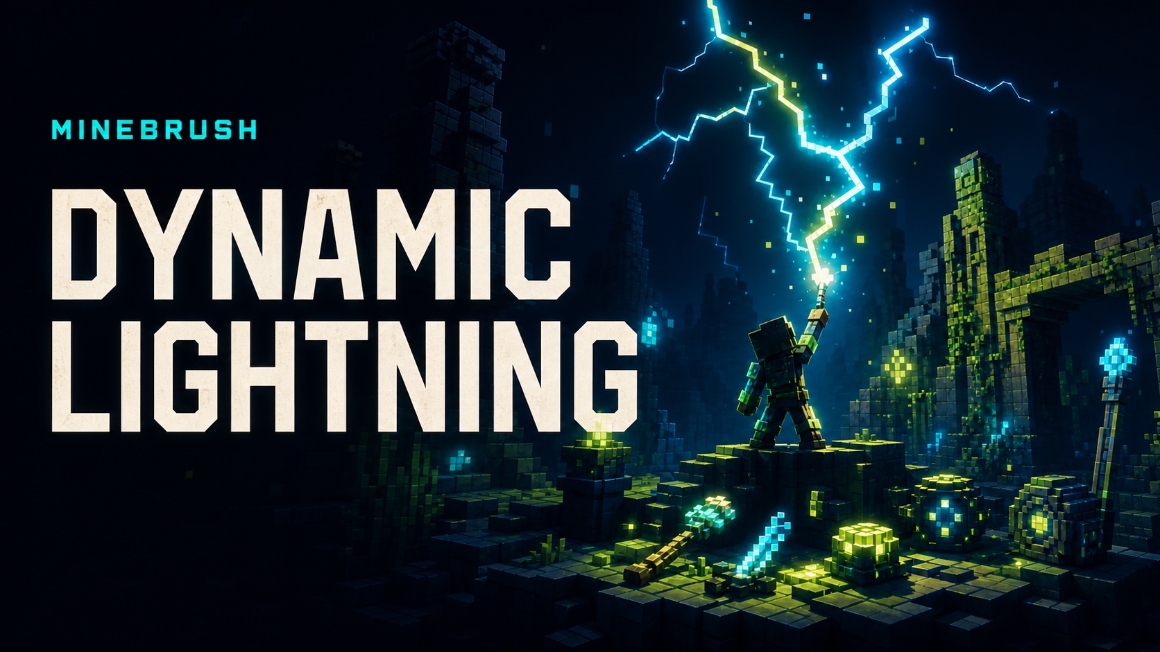 AI-generated MineBrush editorial illustration for Dynamic Lightning, showing a player testing cyan and lime light sources in a dark ruin