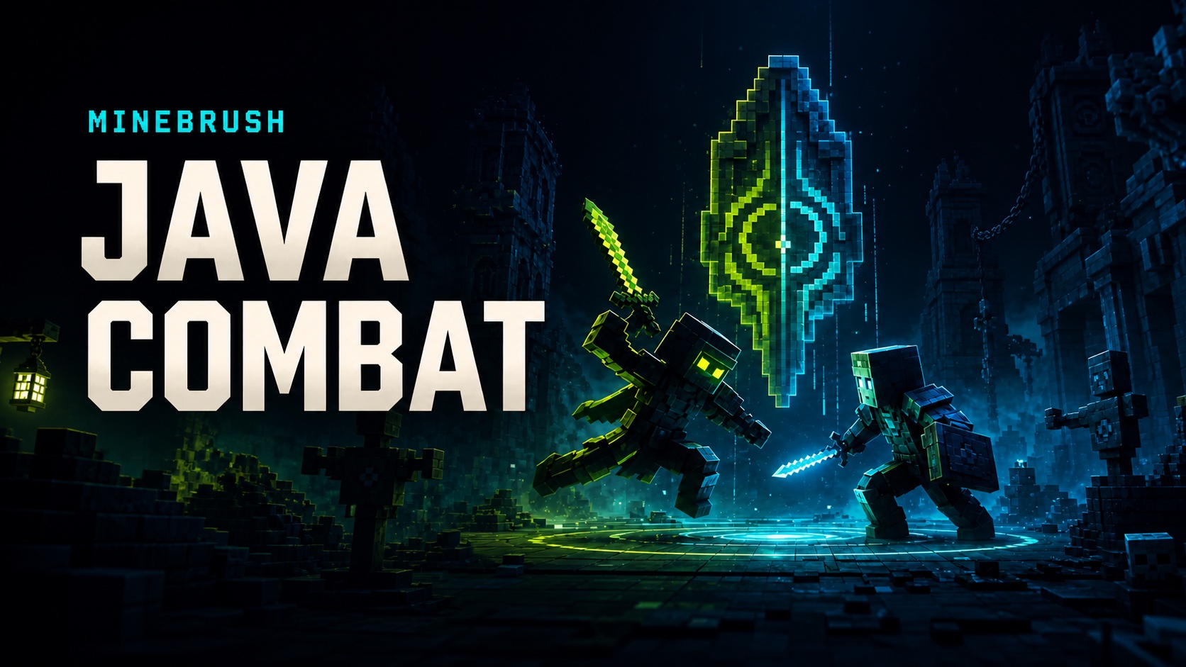 AI-generated MineBrush editorial illustration for Java Combat, showing two block-built fighters testing sword and shield mechanics