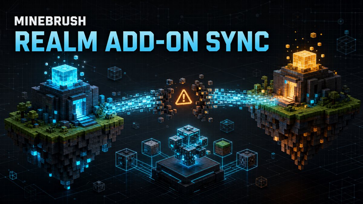 AI-generated MineBrush editorial illustration of Bedrock Realm add-on synchronization between owner and member endpoints with an amber interruption.