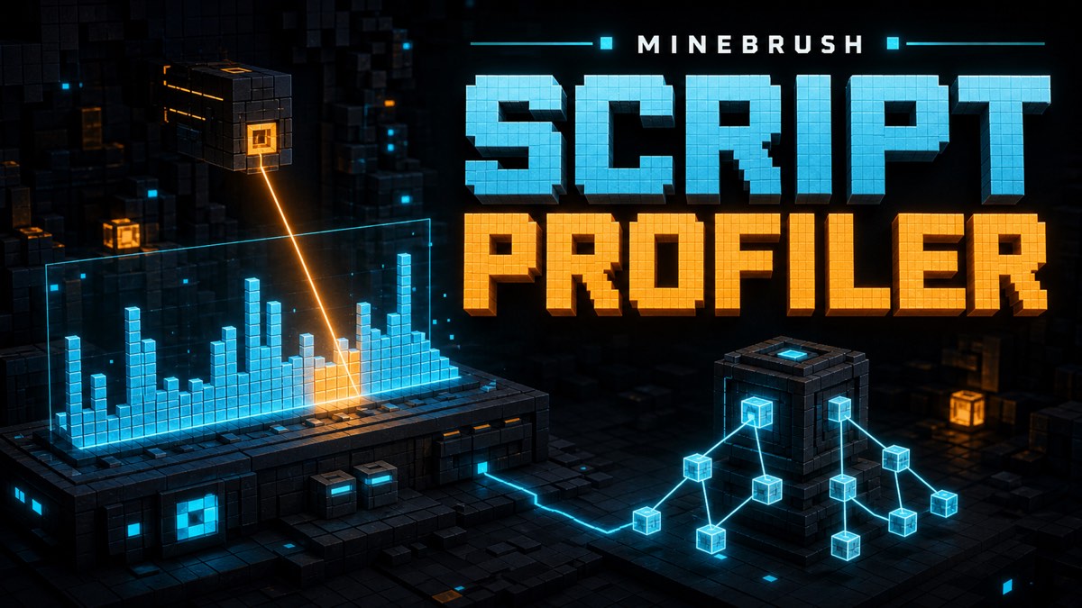 AI-generated MineBrush editorial illustration for Script Profiler, showing timing bars and a voxel call graph in a diagnostic lab