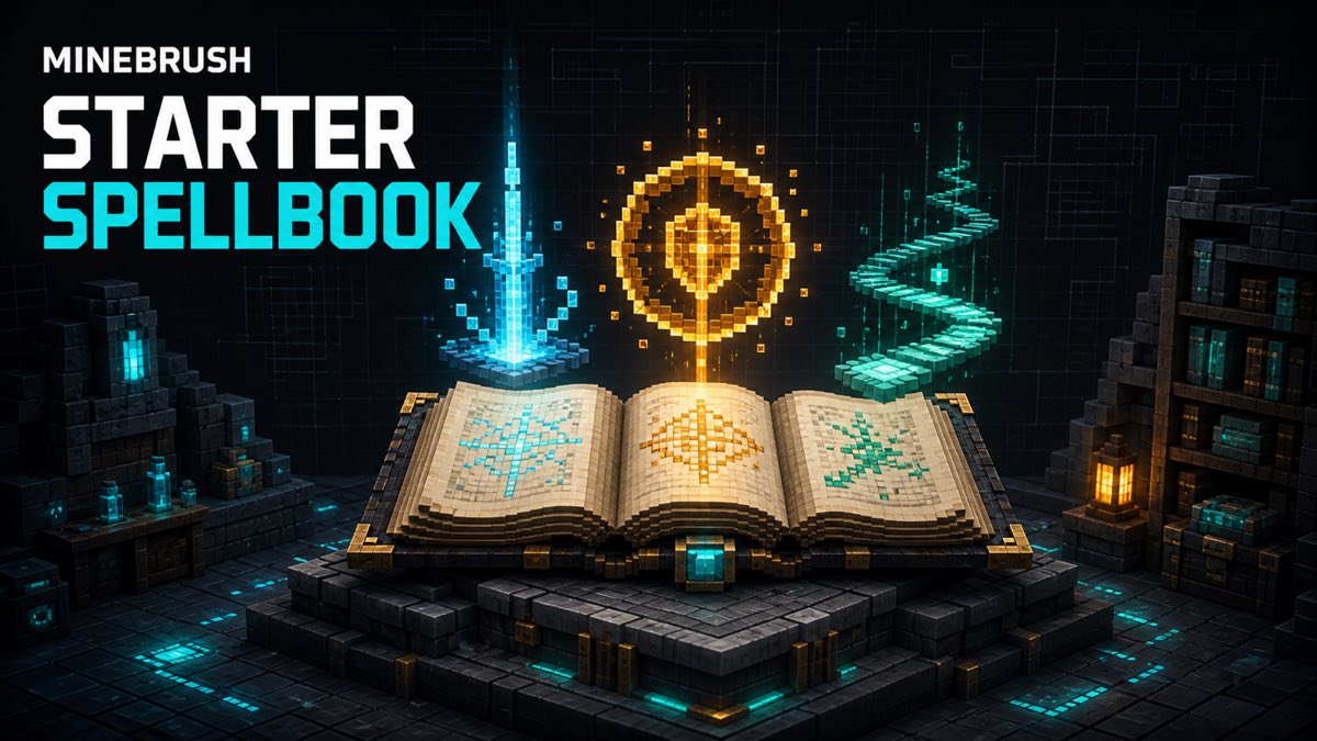 AI-generated MineBrush editorial illustration of an open voxel spellbook projecting three practical survival spell constructs.