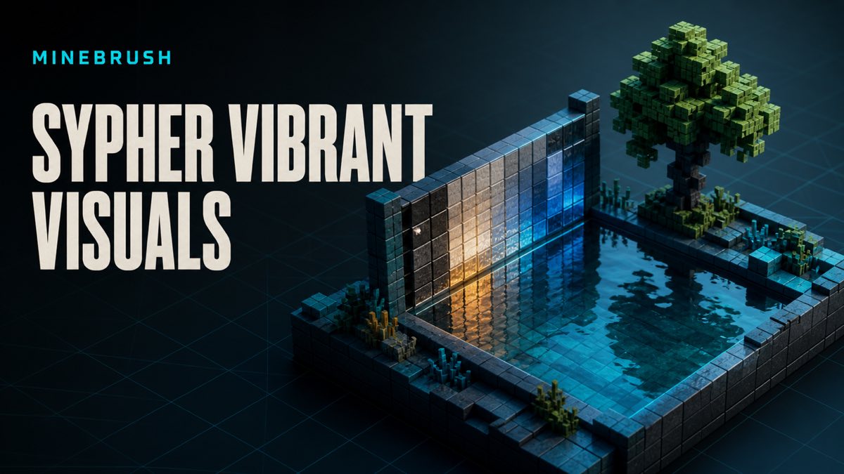 AI-generated MineBrush editorial illustration for Sypher Vibrant Visuals, showing a controlled water basin, reflective voxel wall, and foliage-shadow sample.