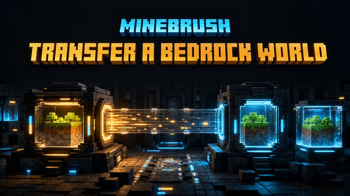 MineBrush branded voxel illustration of a Bedrock world transferred between isolated devices