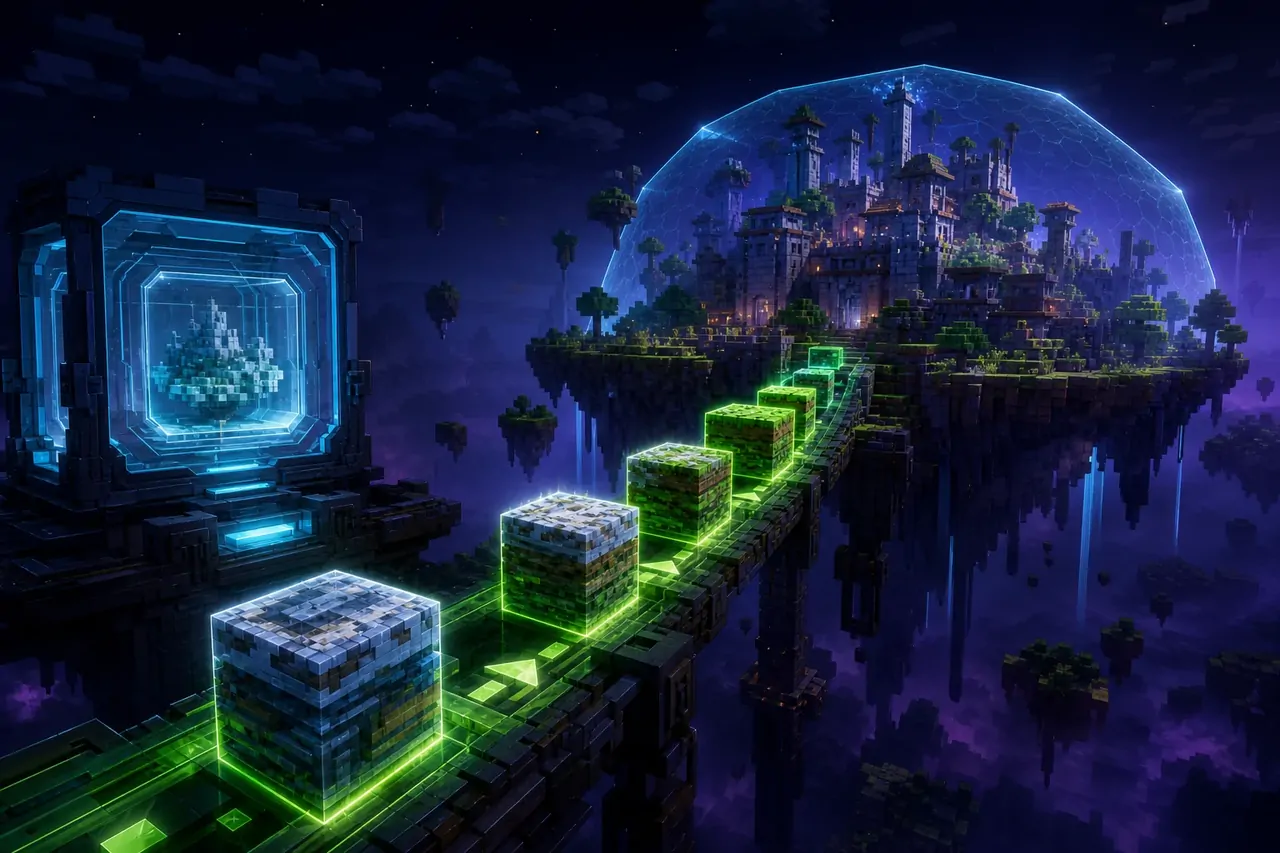 Versioned add-on cubes crossing a safe upgrade bridge to a preserved voxel world