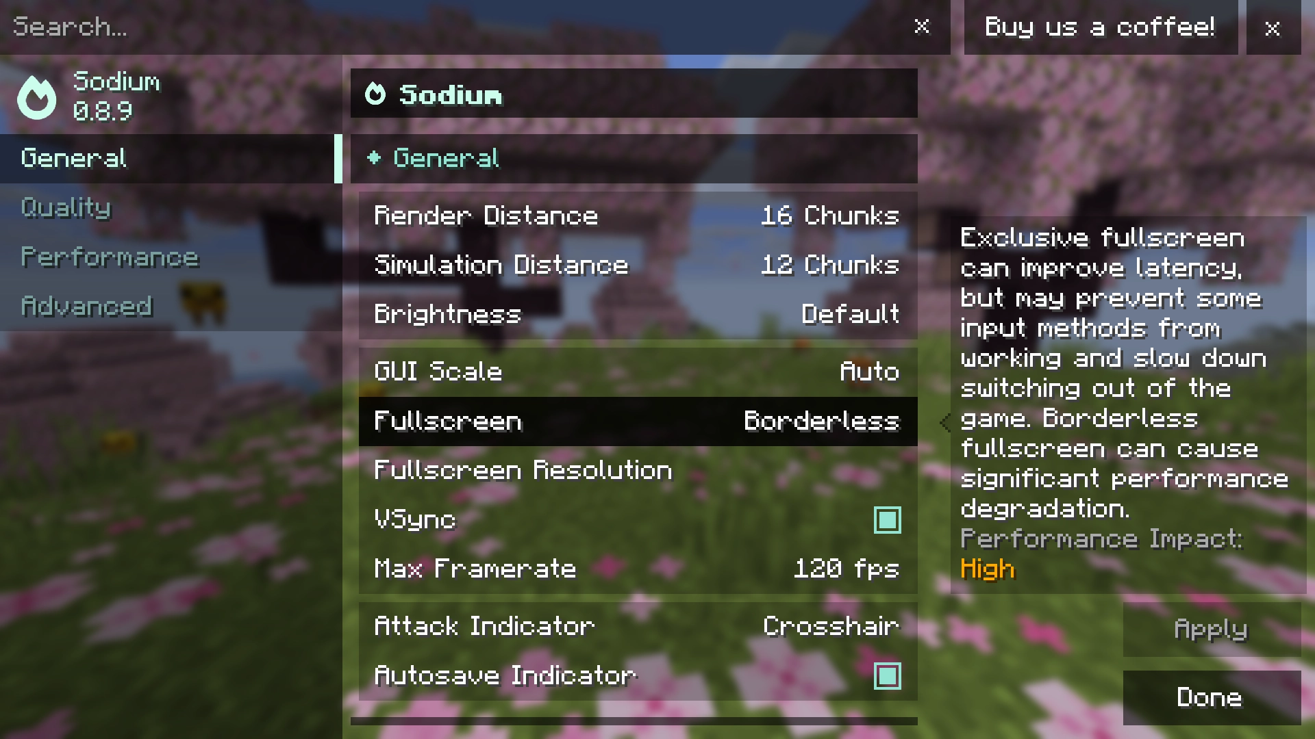 Shortcut from Sodium settings to vanilla Minecraft Video Settings for Cubes Without Borders
