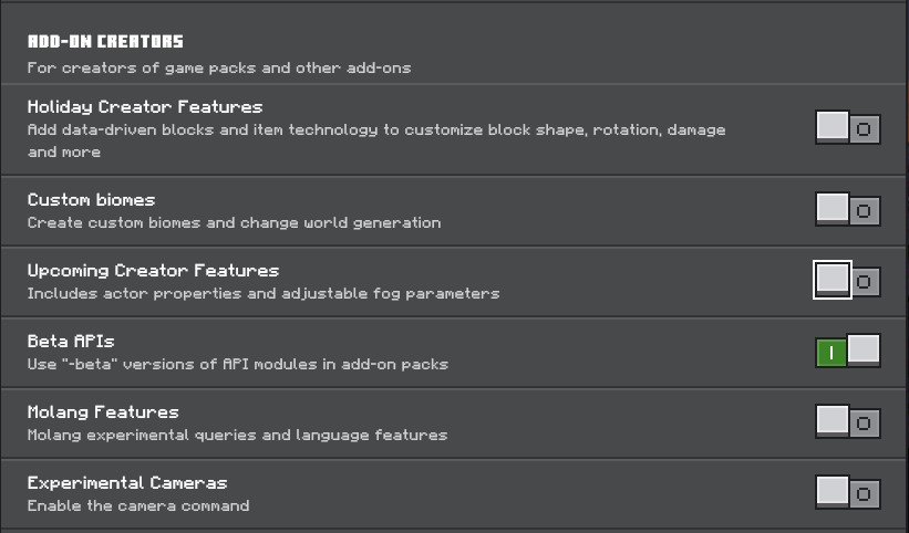 Minecraft Bedrock experimental features screen with Beta APIs enabled