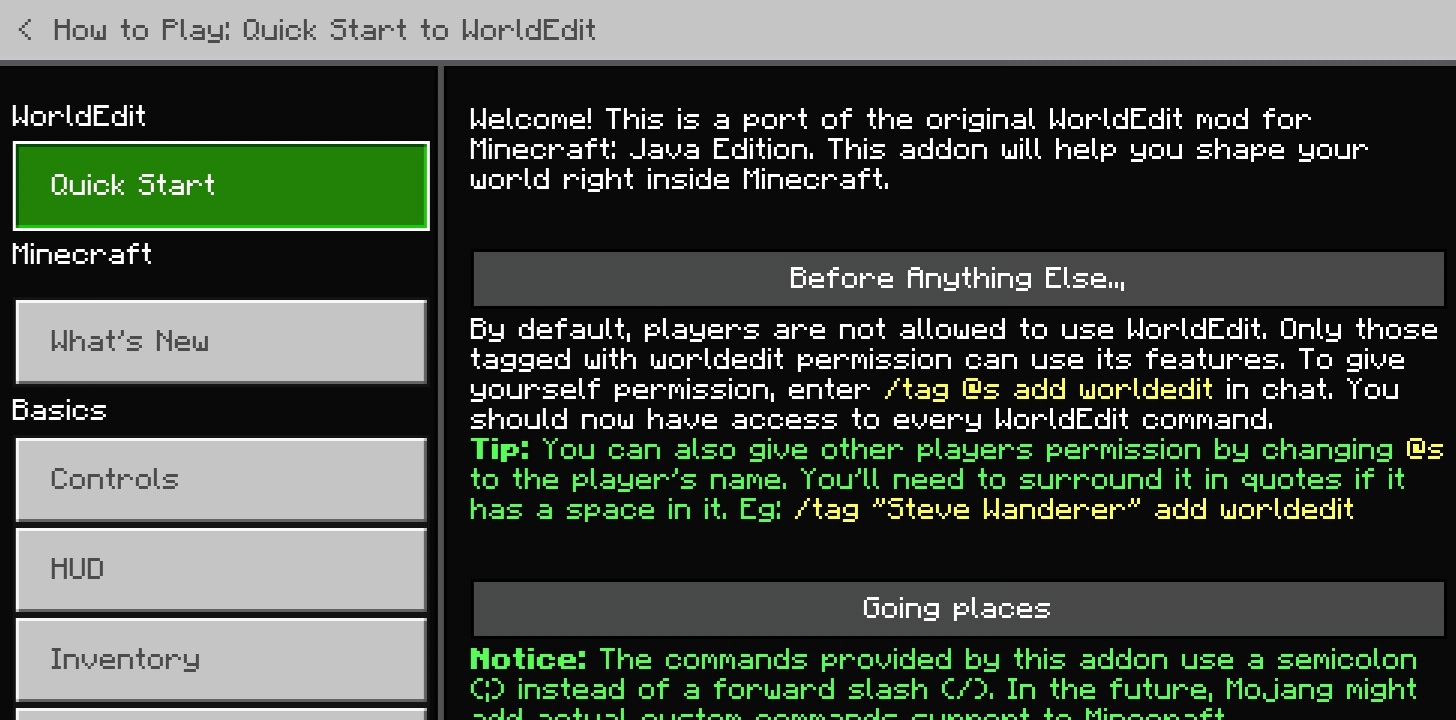 WorldEdit Bedrock in-game How to Play quick-start screen
