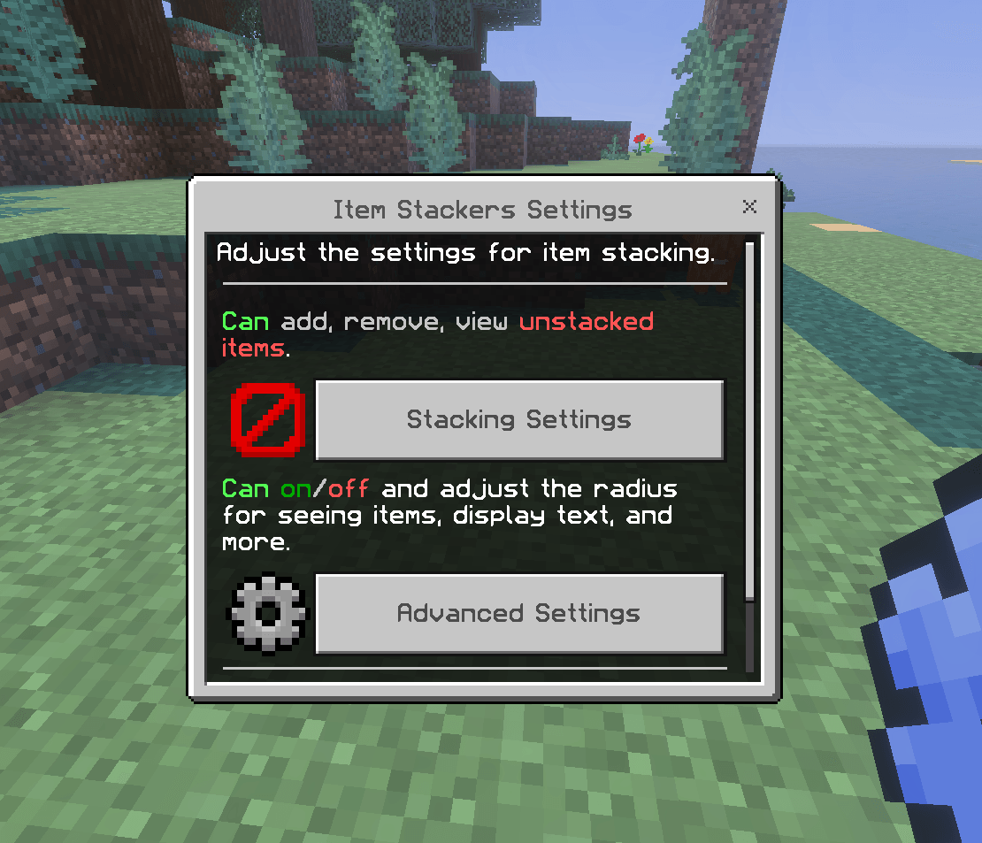 Item Stacker settings showing exclusions and advanced settings