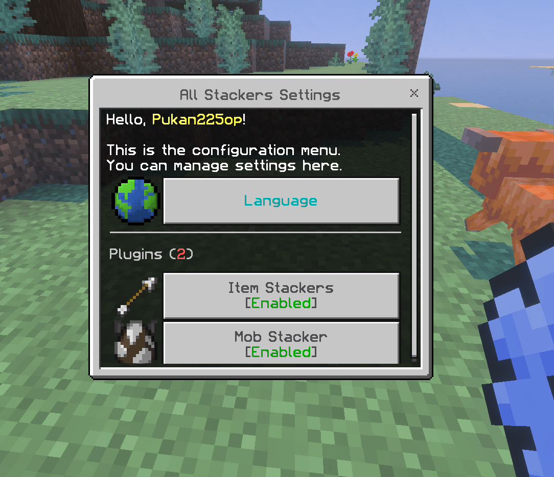 All Stackers main settings with language, item and mob sections