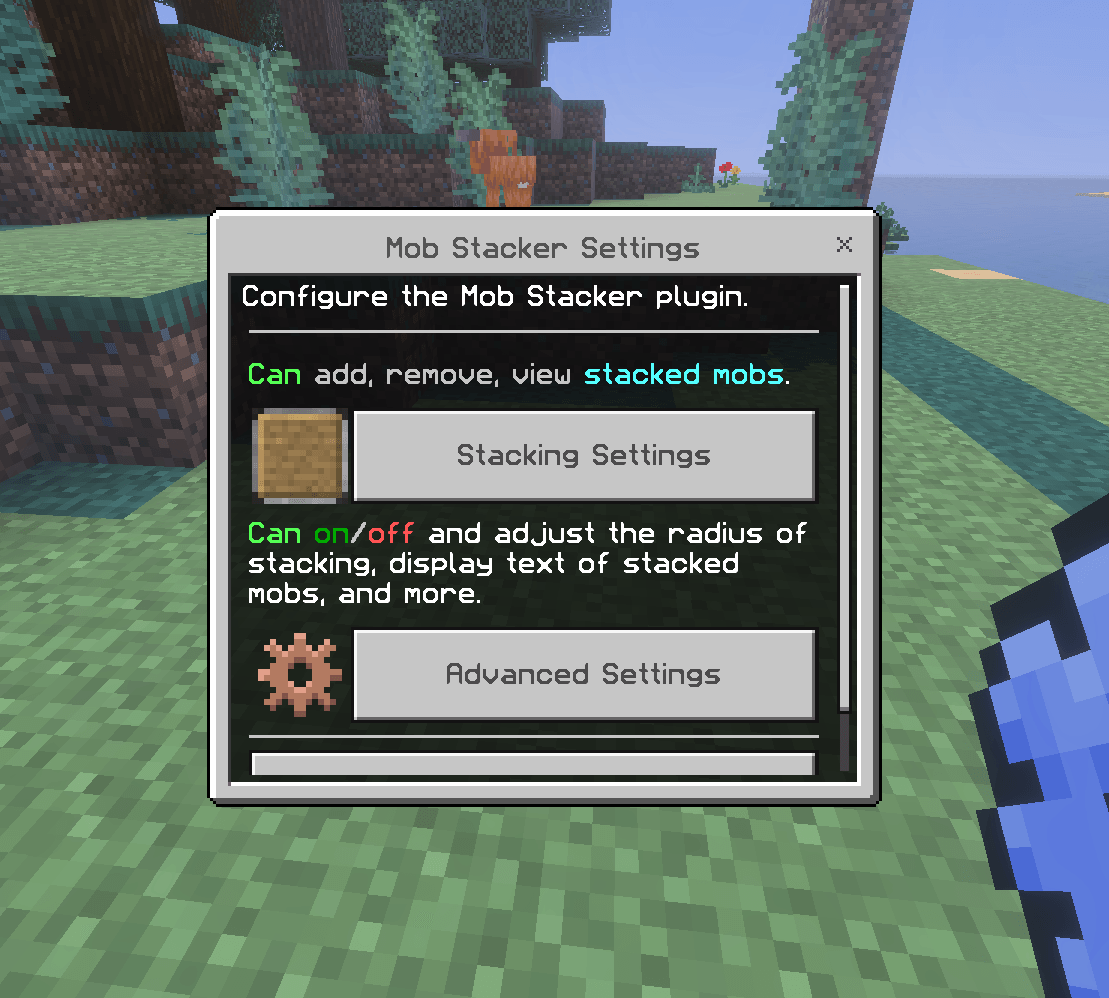 Mob Stacker menu with stacking list and advanced settings